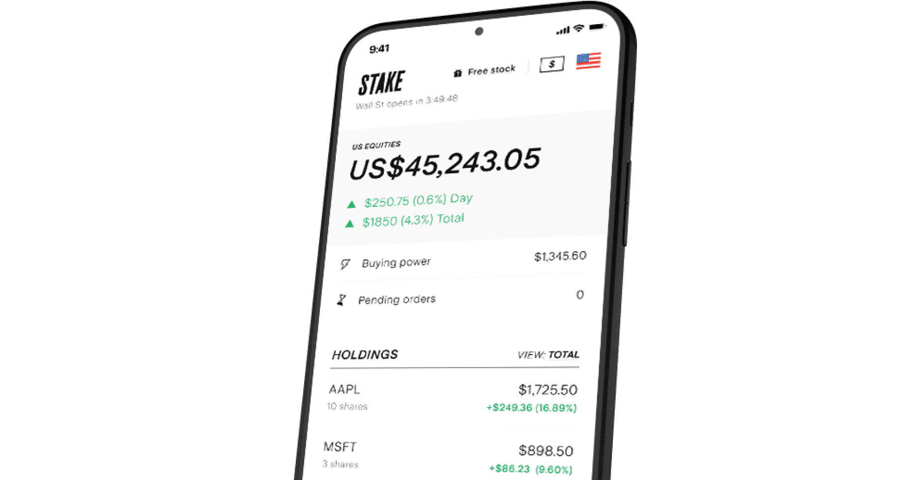 Stake phone app showing the Wall St dashboard.